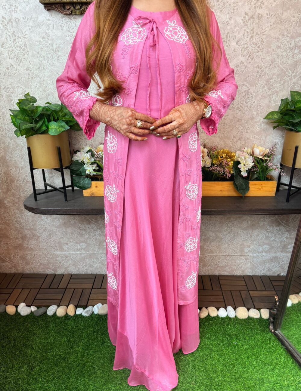 Pure Dola Silk Heavy Hand Moti Work Long Jacket With Pure Chinnon Gown - Image 7