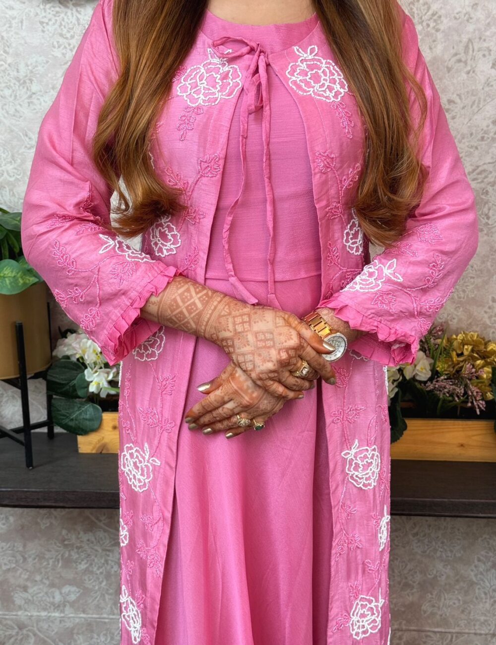 Pure Dola Silk Heavy Hand Moti Work Long Jacket With Pure Chinnon Gown - Image 12