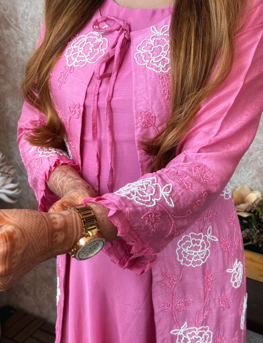 Pure Dola Silk Heavy Hand Moti Work Long Jacket With Pure Chinnon Gown - Image 13