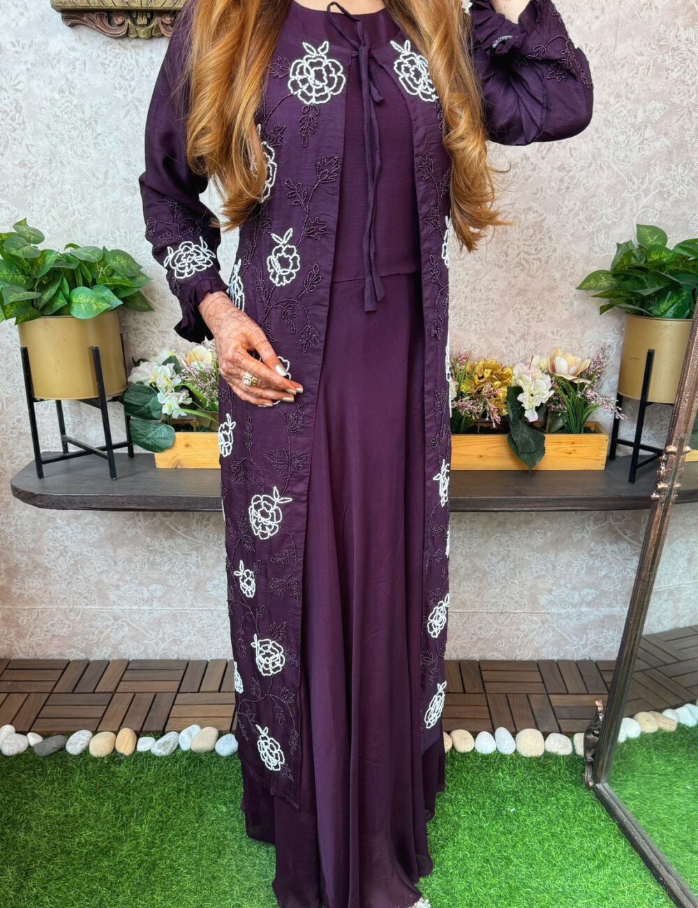 Pure Dola Silk Heavy Hand Moti Work Long Jacket With Pure Chinnon Gown - Image 6