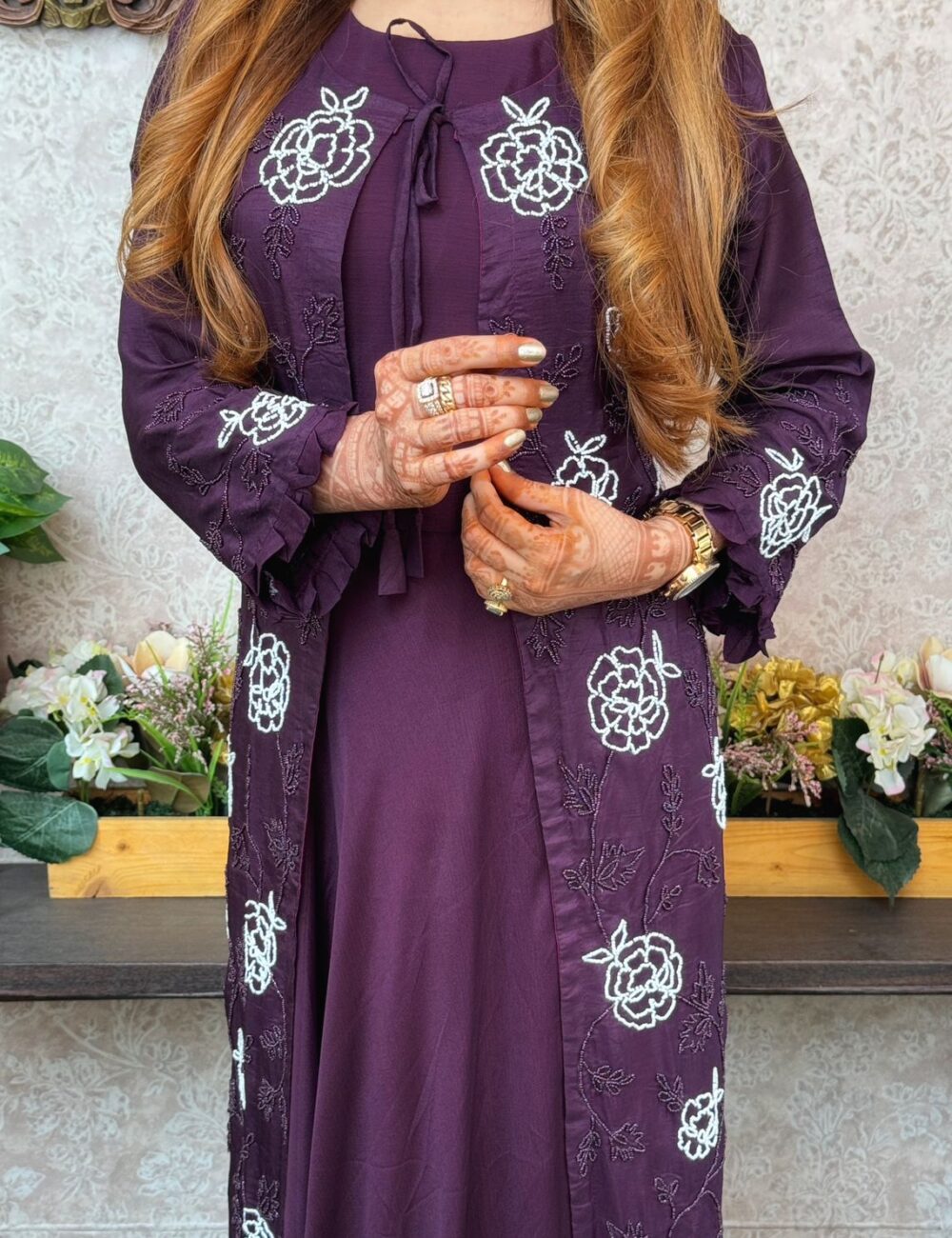Pure Dola Silk Heavy Hand Moti Work Long Jacket With Pure Chinnon Gown - Image 11