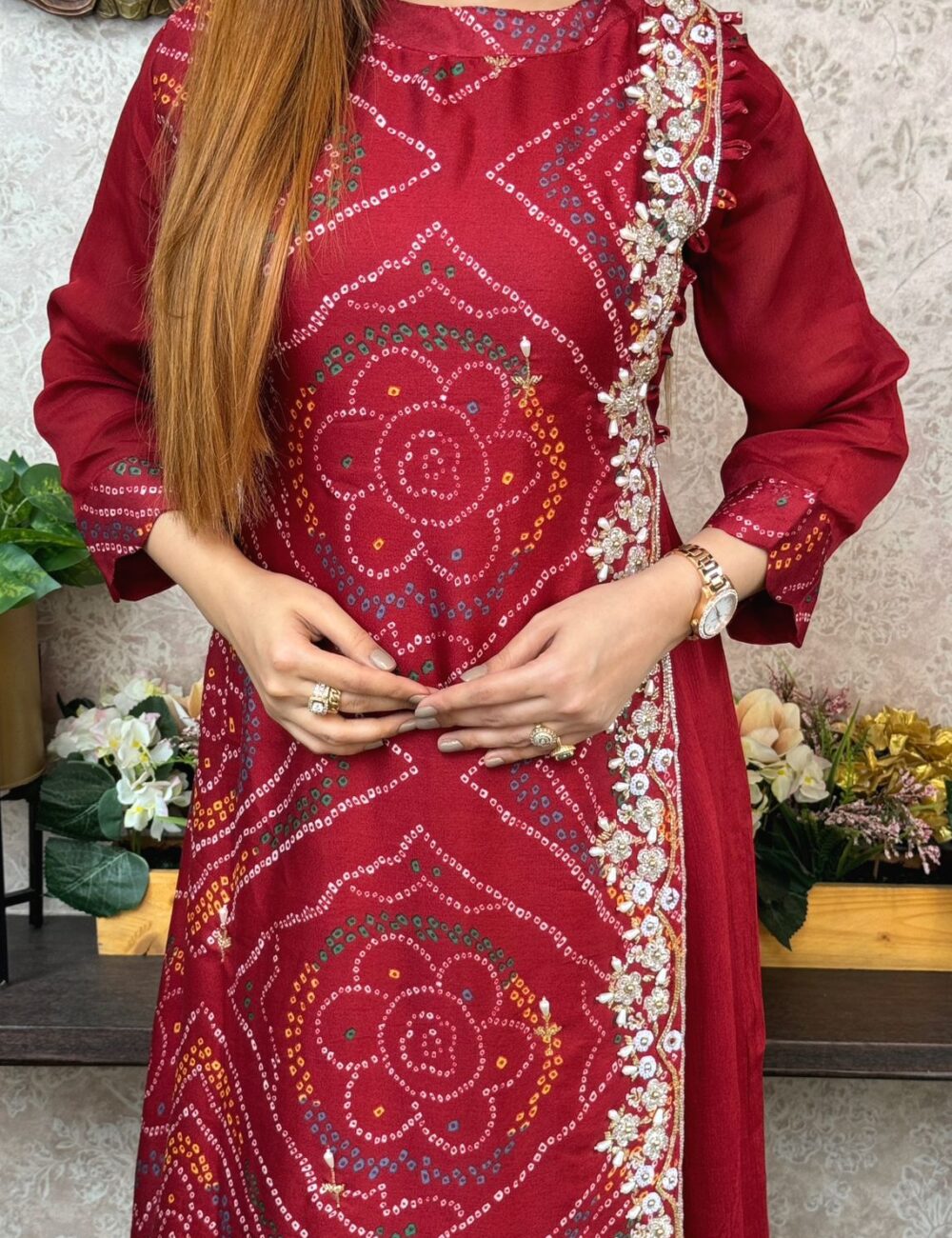 Pure Chinnon Silk Bhandej Double Layered Long Gown With Heavy Hand Work - Image 2