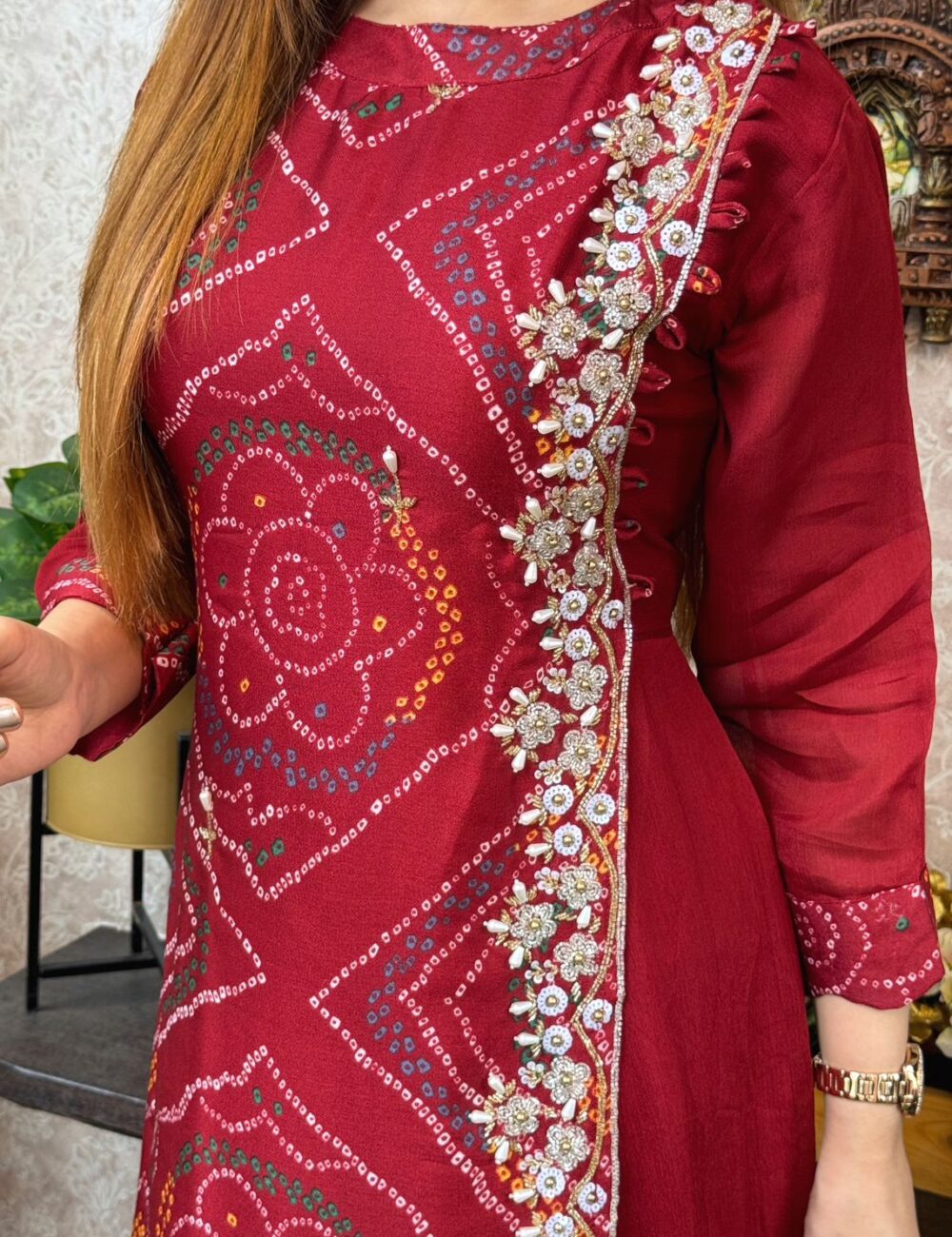 Pure Chinnon Silk Bhandej Double Layered Long Gown With Heavy Hand Work - Image 17