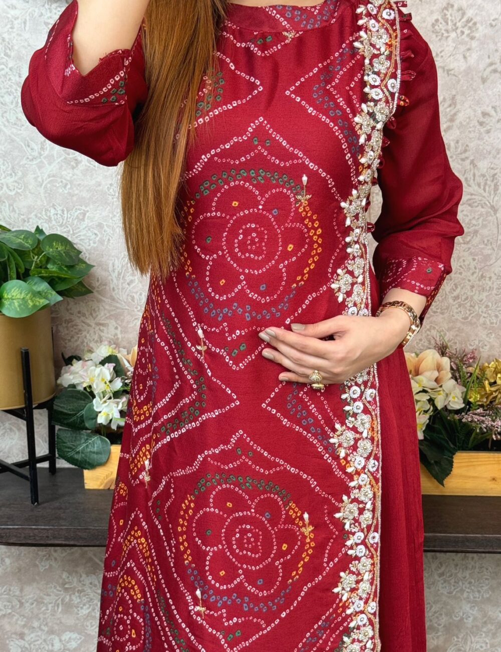Pure Chinnon Silk Bhandej Double Layered Long Gown With Heavy Hand Work - Image 12
