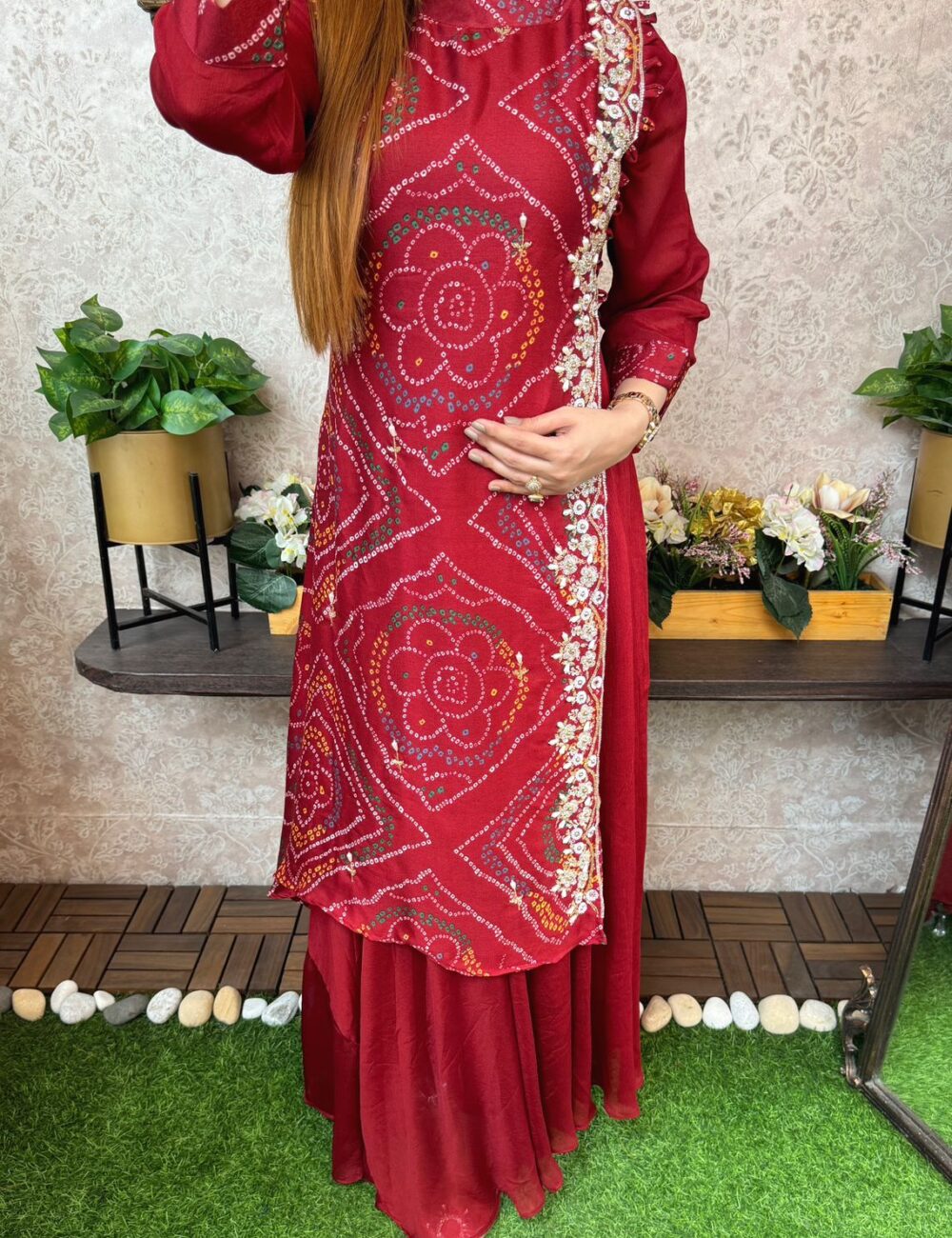 Pure Chinnon Silk Bhandej Double Layered Long Gown With Heavy Hand Work - Image 11