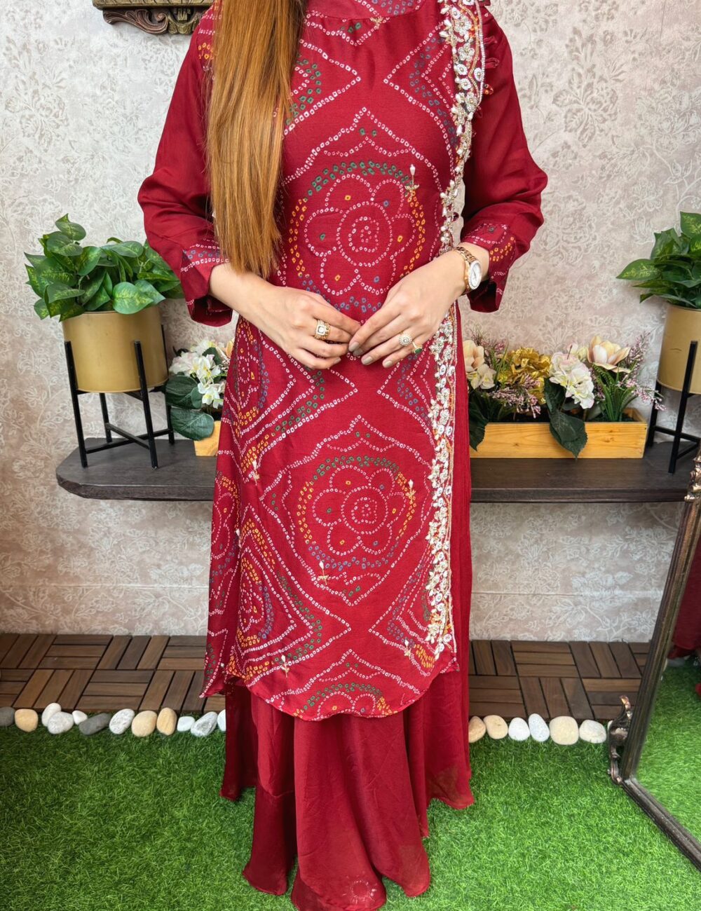 Pure Chinnon Silk Bhandej Double Layered Long Gown With Heavy Hand Work - Image 5