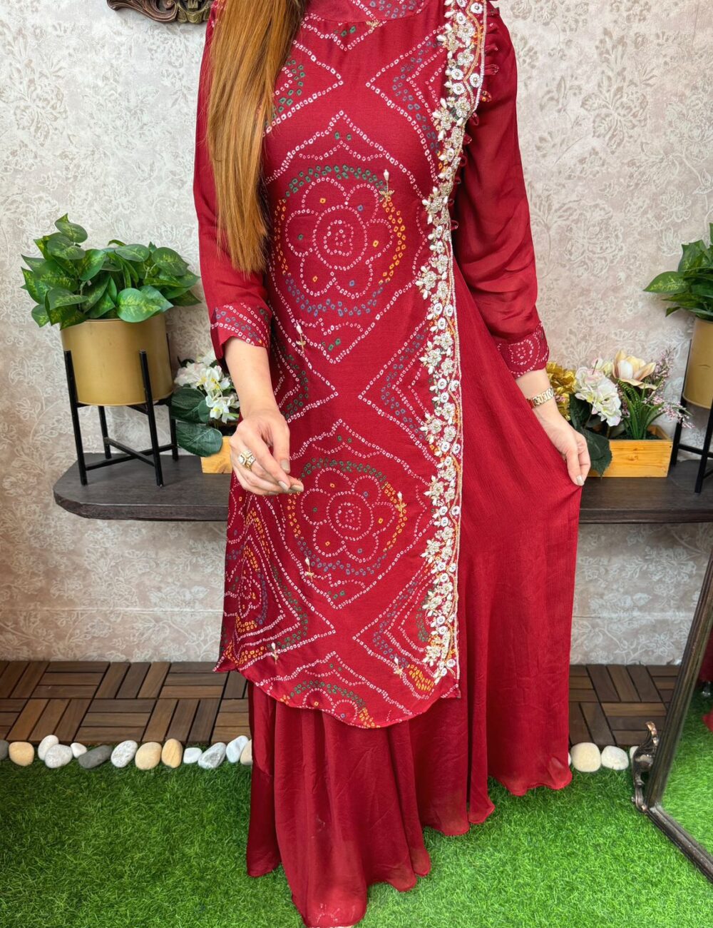 Pure Chinnon Silk Bhandej Double Layered Long Gown With Heavy Hand Work - Image 8