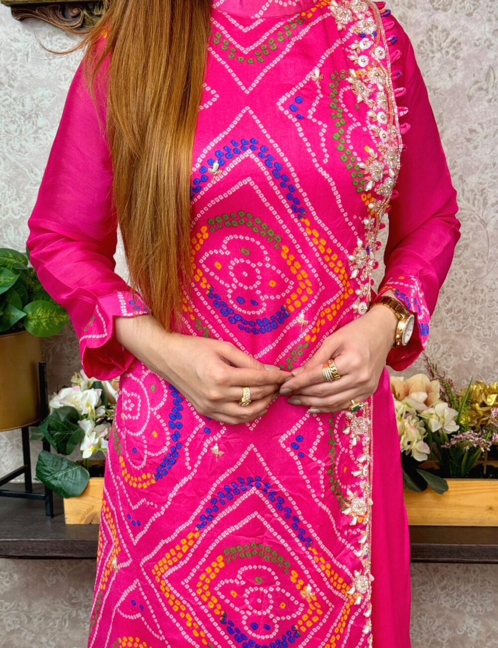Pure Chinnon Silk Bhandej Double Layered Long Gown With Heavy Hand Work