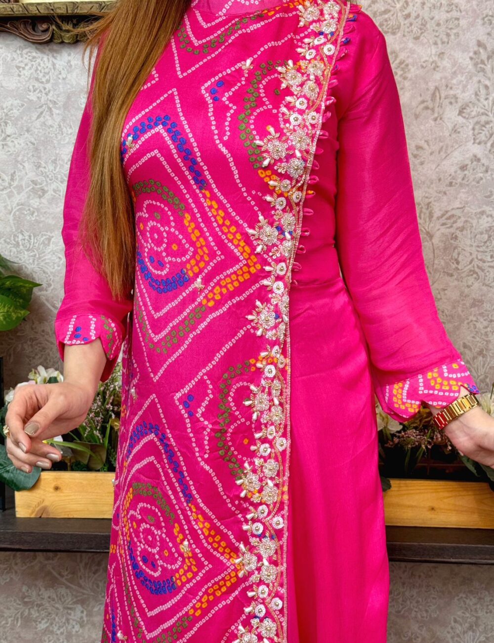 Pure Chinnon Silk Bhandej Double Layered Long Gown With Heavy Hand Work - Image 14