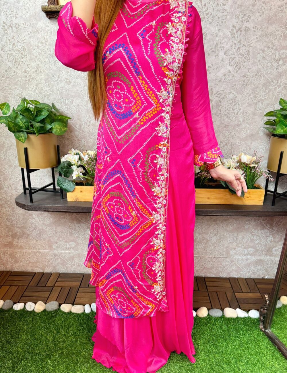 Pure Chinnon Silk Bhandej Double Layered Long Gown With Heavy Hand Work - Image 7