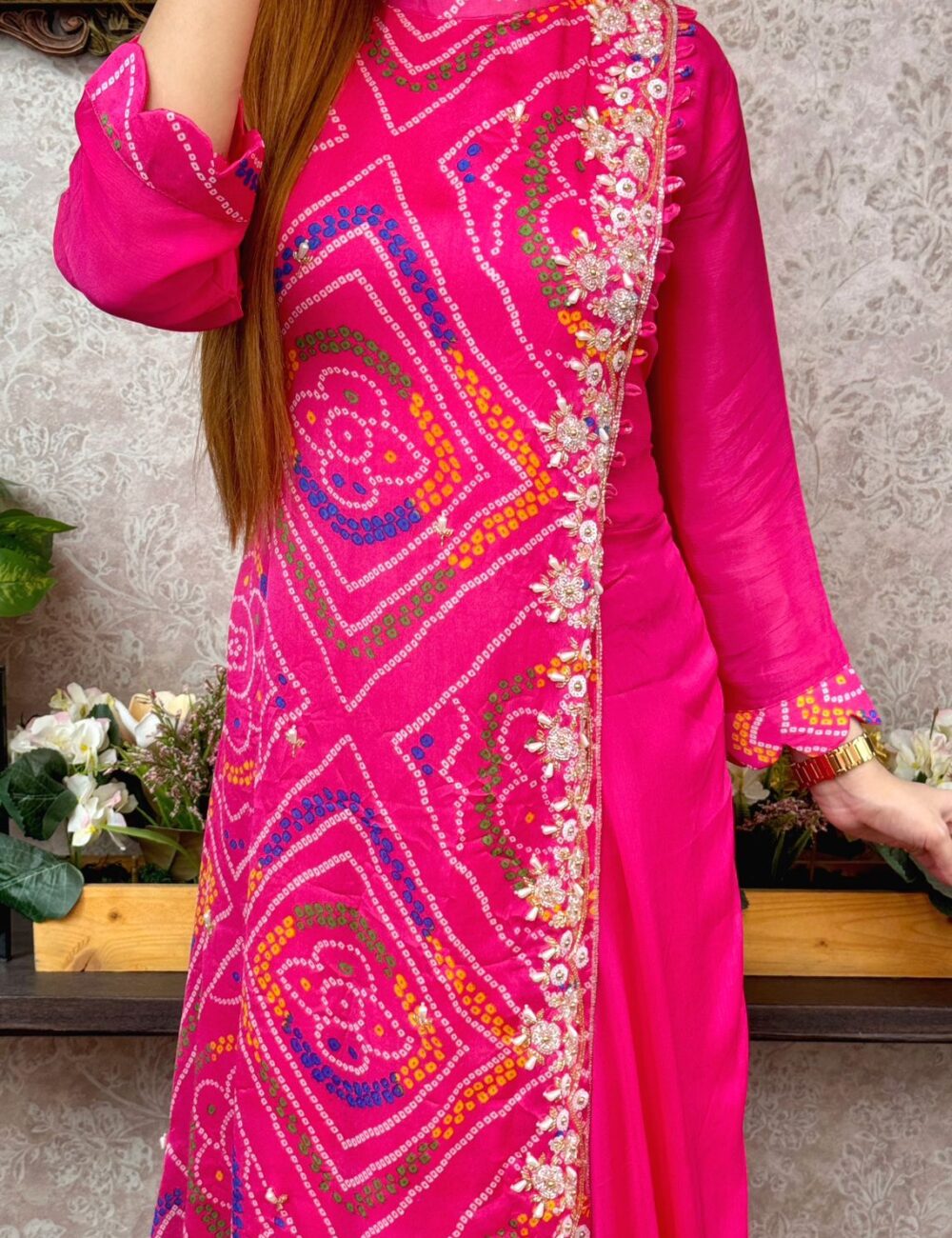 Pure Chinnon Silk Bhandej Double Layered Long Gown With Heavy Hand Work - Image 13