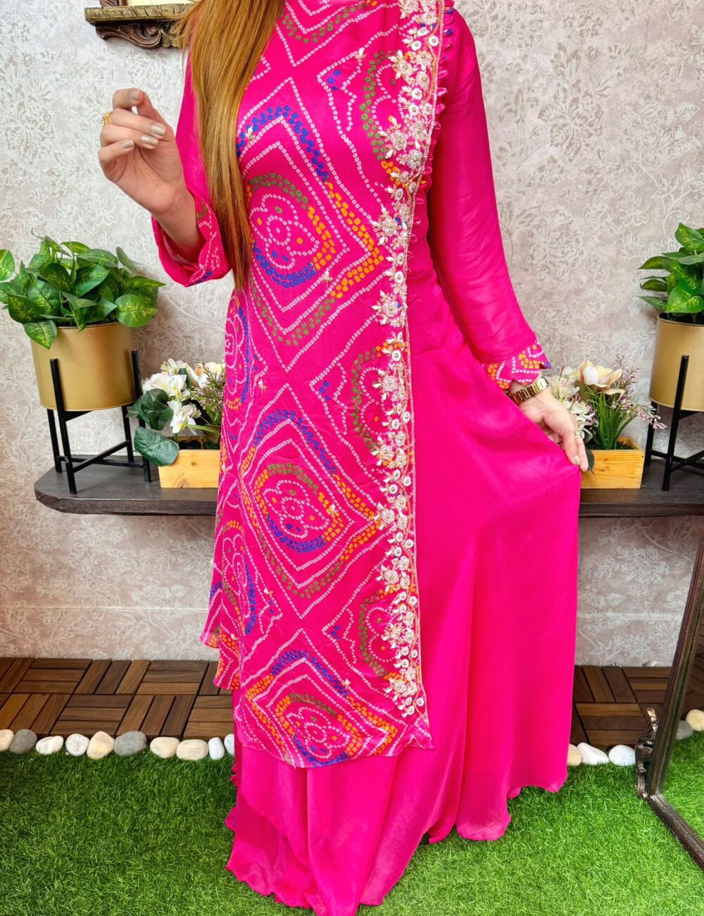 Pure Chinnon Silk Bhandej Double Layered Long Gown With Heavy Hand Work - Image 4