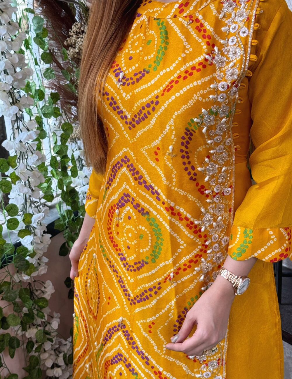 Pure Chinnon Silk Bhandej Double Layered Long Gown With Heavy Hand Work - Image 16
