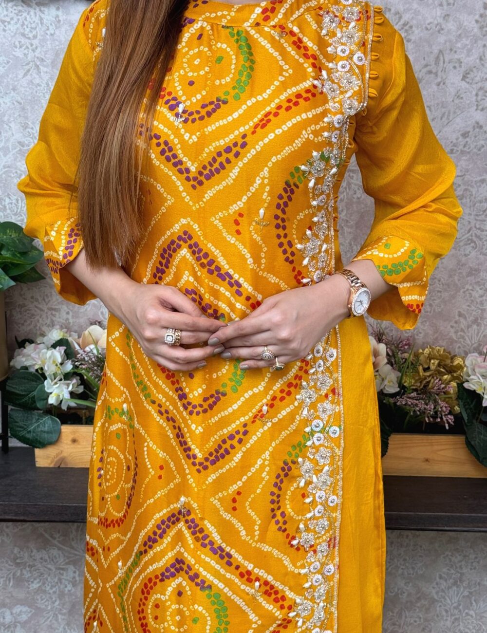 Pure Chinnon Silk Bhandej Double Layered Long Gown With Heavy Hand Work - Image 15
