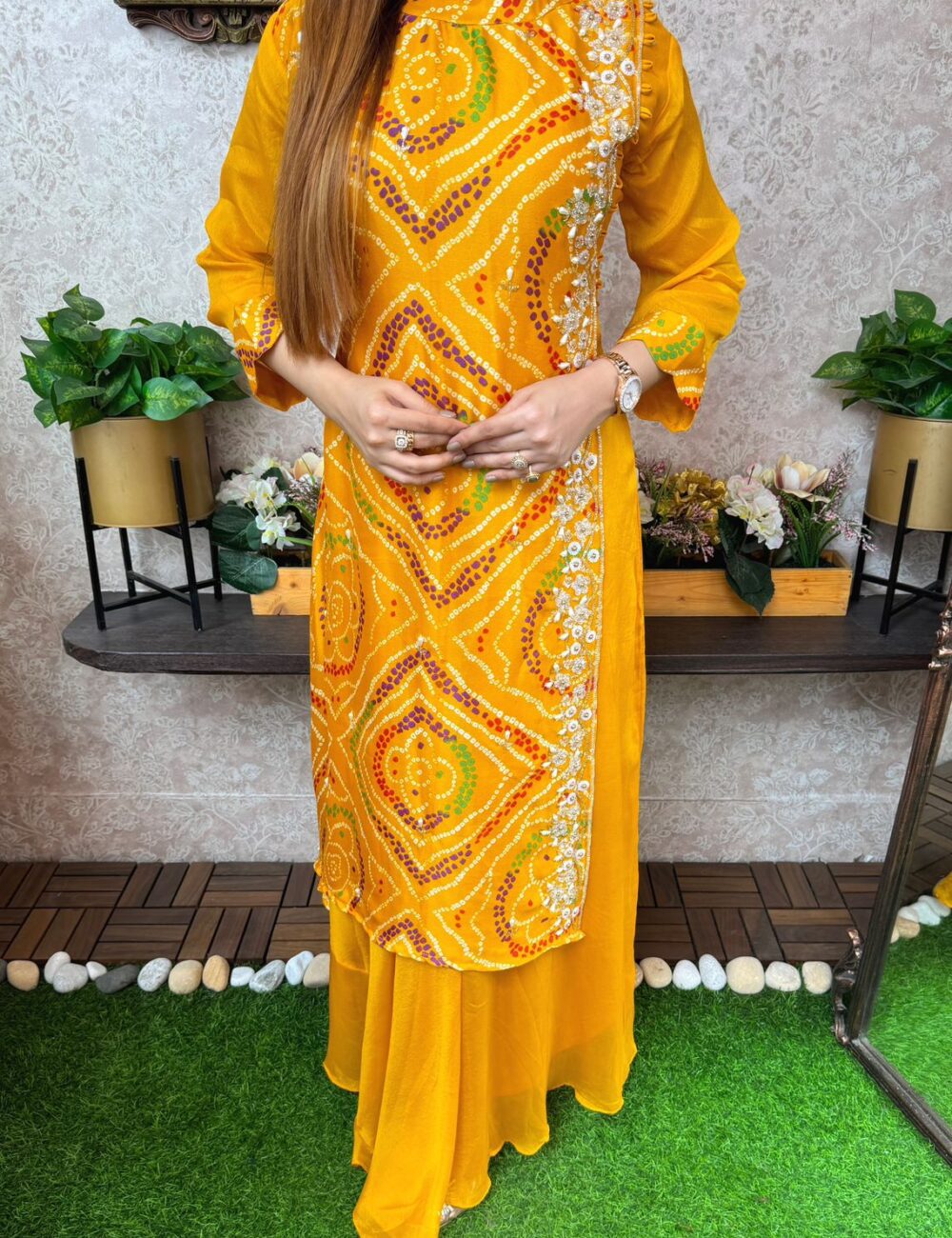 Pure Chinnon Silk Bhandej Double Layered Long Gown With Heavy Hand Work - Image 6