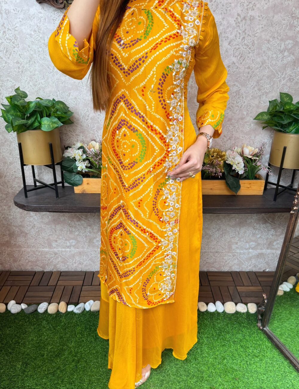Pure Chinnon Silk Bhandej Double Layered Long Gown With Heavy Hand Work - Image 9