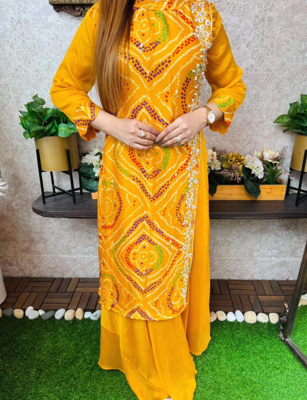 Pure Chinnon Silk Bhandej Double Layered Long Gown With Heavy Hand Work - Image 3