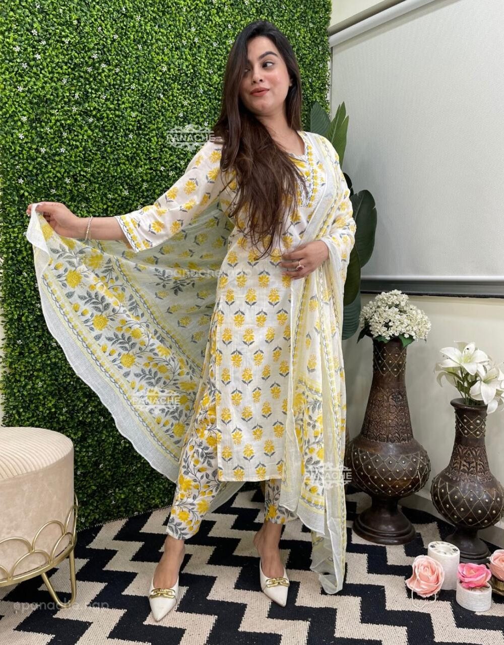 Yellow Flower with White Beautiful Kurti Pant With Dupatta Set